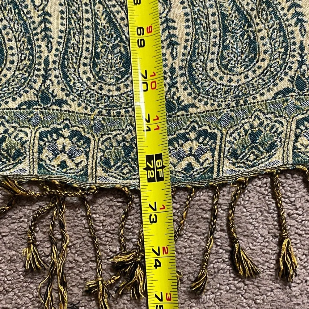 Wool/Cashmere Pashmina/Shawl Scarf Greenish-Teal and Gold with Paisley